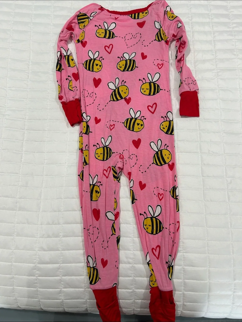 Little Sleepies Pink Bee Print Footed One-Piece Pajamas with Red Trim